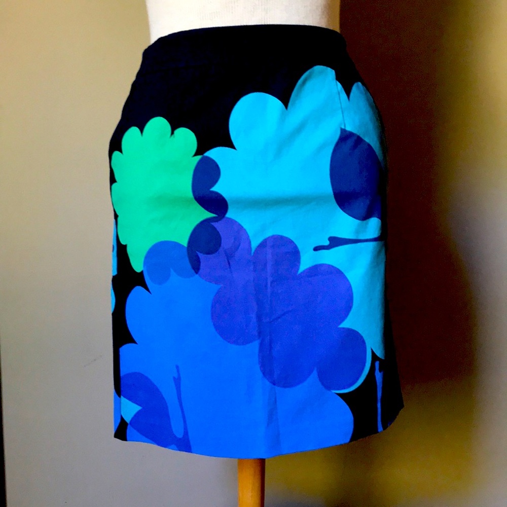 Boden Black Skirt with Bold Blue and Teal Floral Print